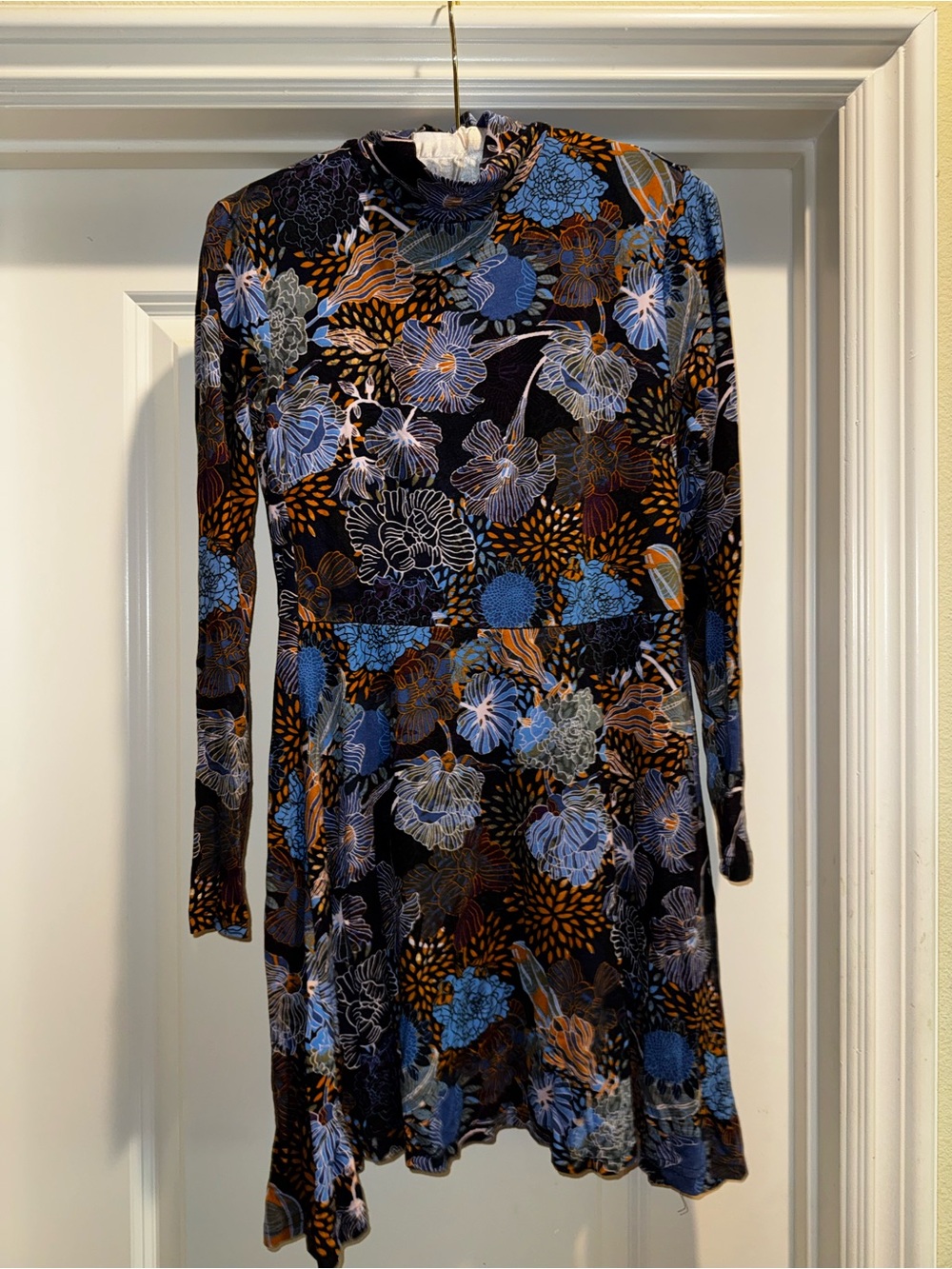 H&M Vintage Style Long-Sleeve Floral Knit Dress in Navy, Blue, and Brown
